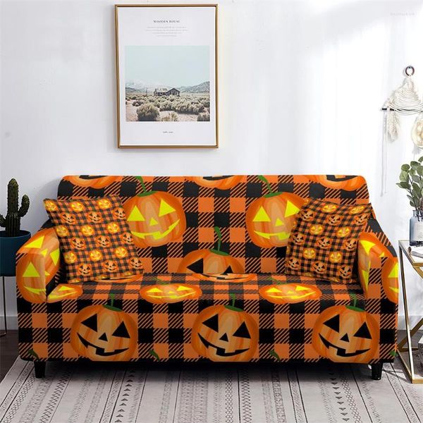 Stuhlhussen Horror Smile Pumpkin Plaid Elastic Sofabezug Wohnzimmer Dekorativ Herbst Halloween 1/2/3/4 Sitz Universal