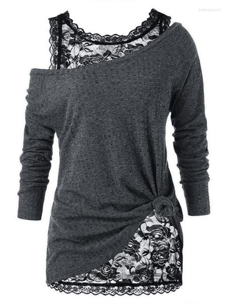 Mulheres camisetas Lace Tank Tops Mulheres Floral Imprimir Patchwork Camisa Senhora Sexy Off Ombro Manga Longa Irregular Slim Tee Duas Peças Set