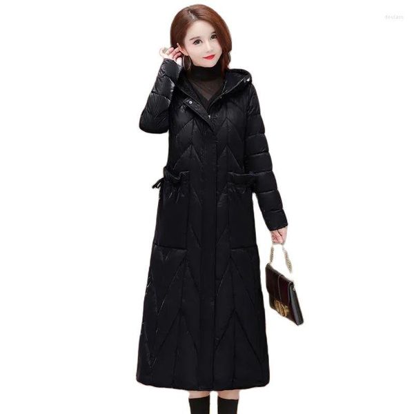 Trench da donna Piumino lucido imbottito di media lunghezza 2023 Minter Moda stile straniero Versione coreana Slim con cappuccio spesso