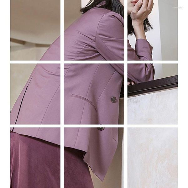 Jaquetas femininas cinza esfumaçado lã roxa pequeno terno solto conjunto casual casaco 2023