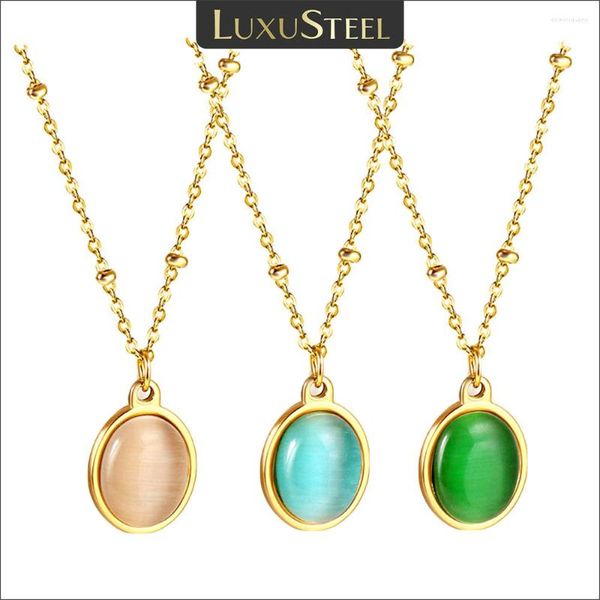 Colares de pingente Luxusteel oval verde azul cristal natural pedra colar para mulheres banhado a ouro contas de aço inoxidável colar de corrente rolo