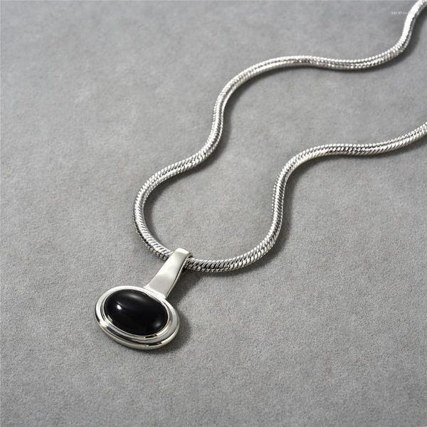 Anhänger Halsketten Schwarz Achat Oval Stein Halskette Für Frauen Koreanische Mode Minimalistischen Einfache Handgemachte Schmuck In