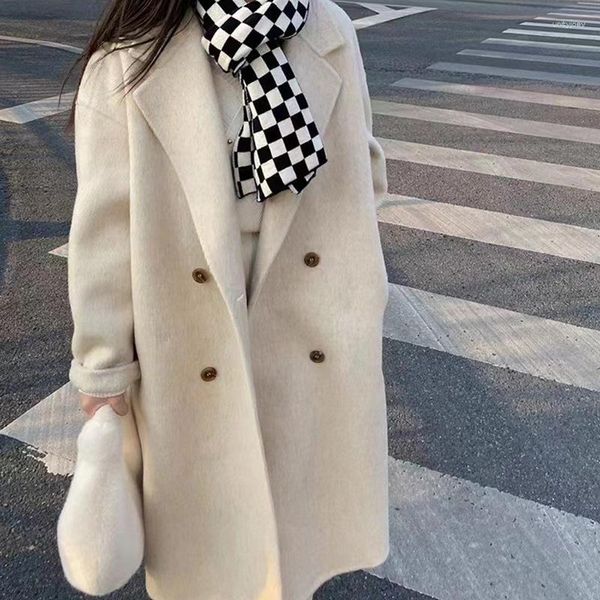 Abiti casual Silhouette allentata Cappotto lungo in lana double-face in cashmere per donna di media lunghezza 2023 Fuori stagione Beige di alta qualità