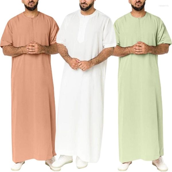 Этническая одежда для мужчин, однотонный мусульманский кафтан, халат в саудовском стиле на молнии, Джубба Тобе, мужской винтажный короткий рукав с круглым вырезом, арабский исламский