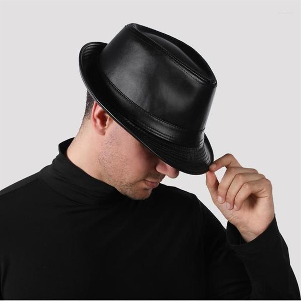 Berets 2022 Couro Genuíno Aba Larga Stetson Fedoras Chapéus Britânicos para Homens Mulheres Gentman Preto 55-62cm Ajustado Jazz Hip-Gorras251f