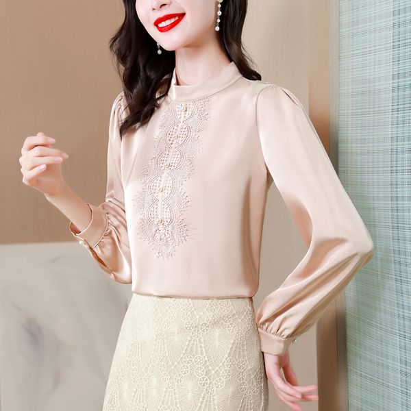 2023 Kadın Tasarımcı Bej İpek Bluuses Vintage Moda Stand Yakası Saten Bluz Uzun Kol Ofisi Lady Fine Zarif Pist Sonbahar Kış Katı Üstleri Artı Boyut