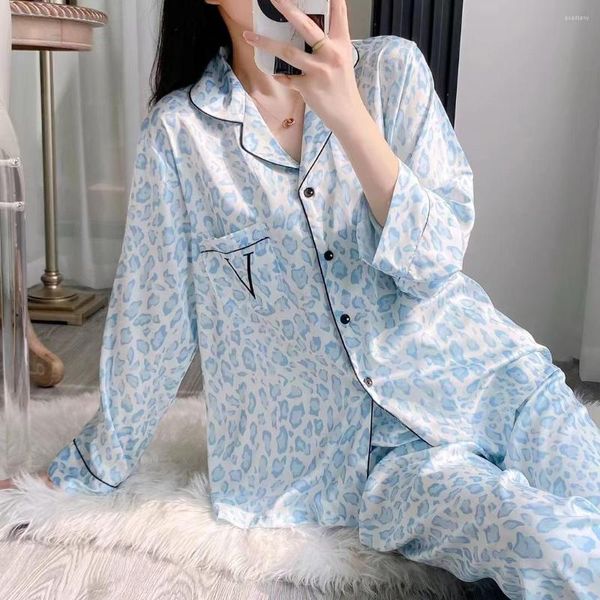 Pijamas femininos leopardo impressão gelo seda high-end pijamas para mulheres manga longa terno casa roupas outono femme mujer solto