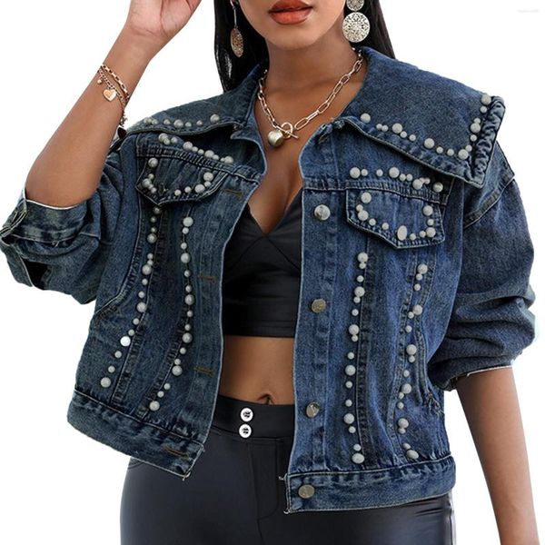 Jaquetas femininas mulher roupas denim casacos meninas outono botão para baixo curto jean jaqueta pérola gola marinha casaco com bolso sobretudo