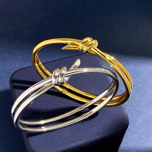 Lüks T Knot Tasarımcı Bileklik Bileklik Çift Çizgi Halat Kadınları Azınlık 18K Altın Gümüş Parlayan Bayanlar Bangles Bilezikler Çift JE299Q