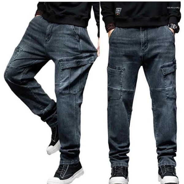 Jeans da uomo a vita alta da uomo elasticizzati pantaloni larghi dritti da uomo alti in denim pantaloni elasticizzati oversize