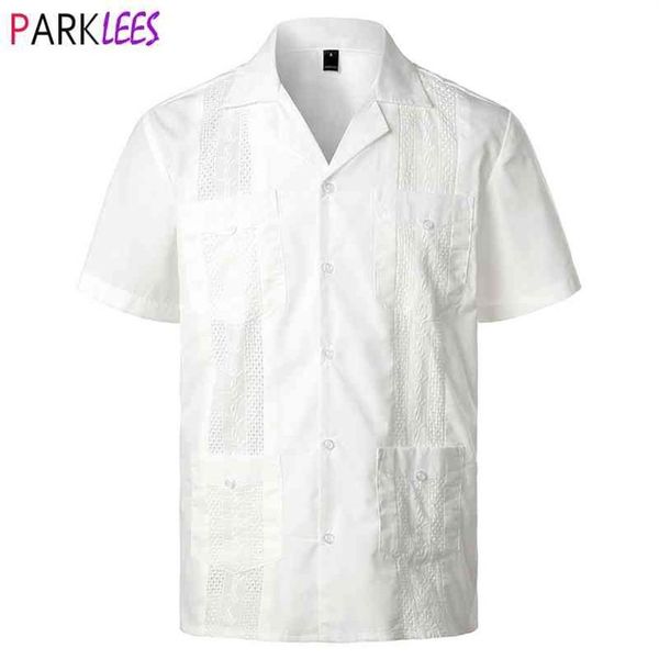 Camicia bianca Guayabera campo cubano da uomo Camicie abbottonate in tessuto ricamato elegante Camicie da spiaggia stile messicano caraibico 2XL 21213i