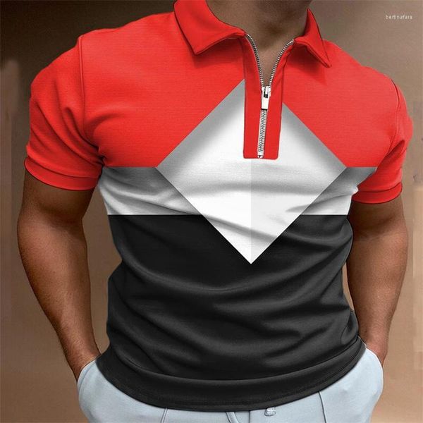 Polos masculinos camisa polo carta impressão 3D lapela zíper unissex listra blusa retrátil manga curta