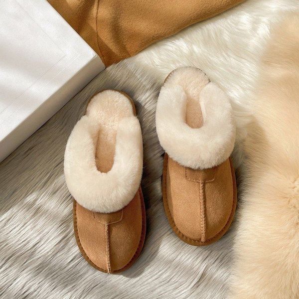 All-match chinelo de lã feminino exterior usar pele integrada dedo do pé fechado botas de neve inverno novo deslizamento em chinelos de algodão térmico