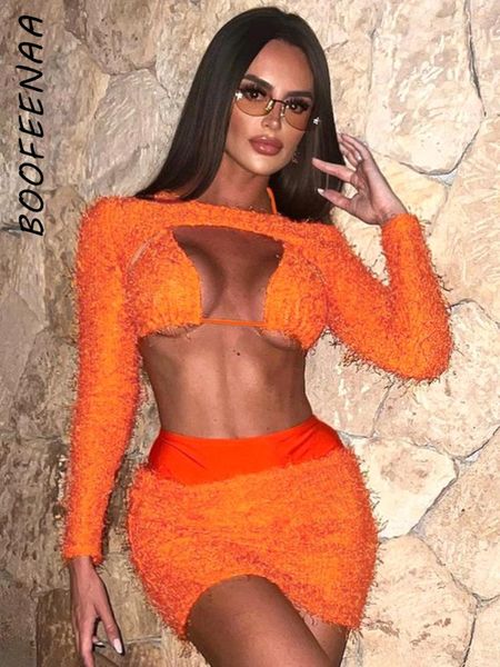 Arbeitskleider BOOFEENAA Pelzige Quaste Langarm 3 Stück Crop Top Minirock Sets Sexy Clubwear Kleid 2023 Herbst Winter Outfits C85-DD23