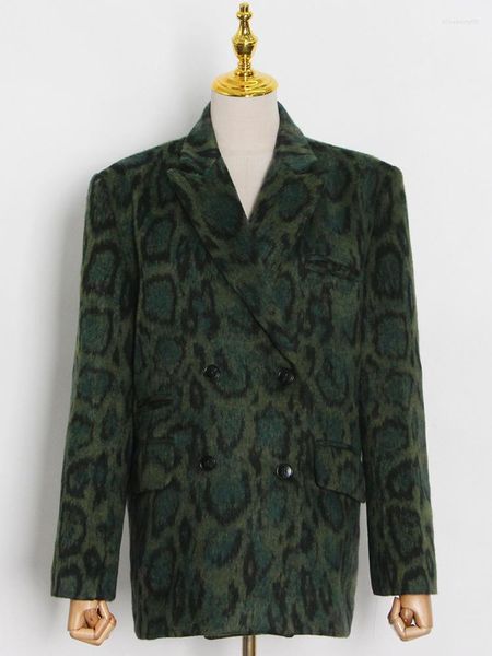 Ternos femininos 2023 est verde leopardo gráfico feminino blazer entalhado manga longa temperamento colorblock casaco solto