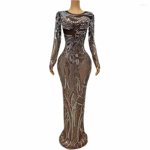 Abbigliamento da palco Donna Sexy scintillante Paillettes argento Strass Abito in rete trasparente Compleanno Festeggia il costume da prestazione