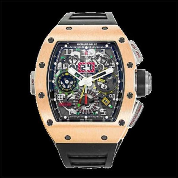 Richarmill Relógio Mecânico Automático Tourbillon Relógio de Pulso Suíço RM1102 Relógio Masculino Ouro Rosa 18k Calendário Tempo Mês Fuso Horário Duplo Automático Mecânico WNB6X