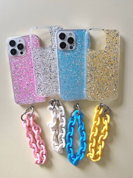 Bling Pailletten-Hüllen für iPhone 15 Plus 14 Pro Max 13 12 11 XR XS X 8 7 6 Luxus Mädchen Dame Frauen Folie Glitzer Konfetti Weiche TPU-Telefonabdeckung Haut mit Chian-Riemen