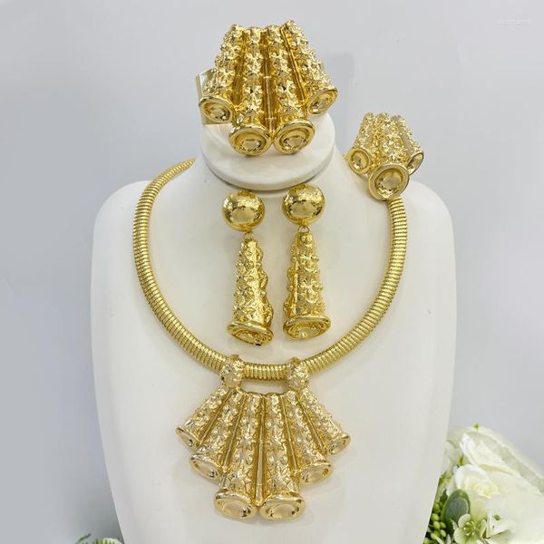 Colar brincos conjunto de jóias africanas para mulheres irregulares e com pulseira anel 24k banhado a ouro casamentos nupcial jewery