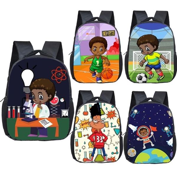 Cartoon Afrika Amerikanische Jungen Druck Kinder Schultaschen Braun Afro Wissenschaft Jungen Kindergarten Rucksack Kleine Kleinkind Tasche Büchertasche LJ306o