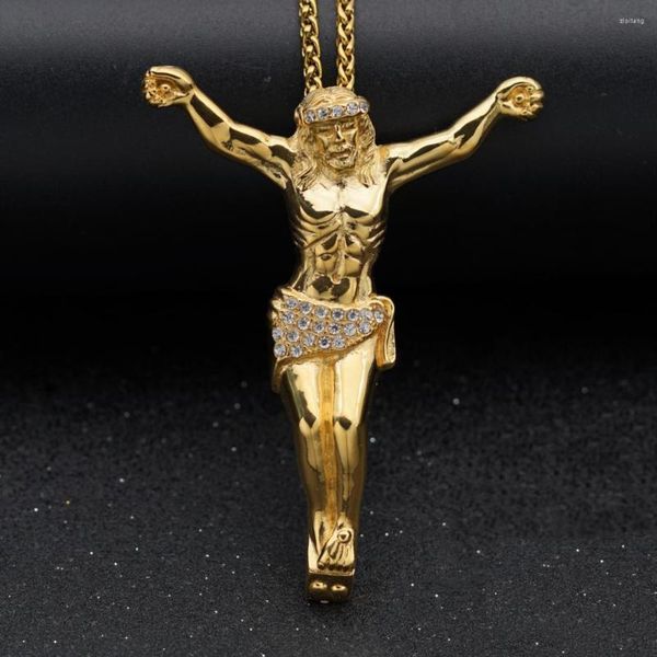 Anhänger Halsketten Religiöse Jesus Kreuz Halskette mit Strass Für Männer Mode Gold Farbe Pendent Schmuck Geschenke
