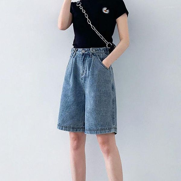 Frauenshorts Vintage Blue Denim Jean Summer Casual Korean Fashion Elastic Taille Straight Bein schlanke breite Hose