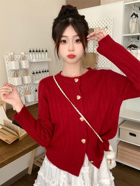 Женский вязаный рождественский красный свитер с круглым вырезом, однотонный вязаный кардиган в полоску, осенние повседневные короткие топы, женская уличная одежда в корейском стиле