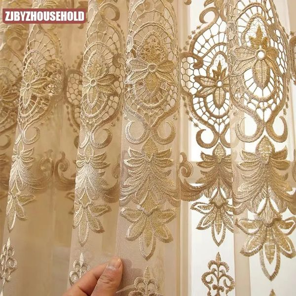 Cortina europeia real de luxo bege tule cortinas para janela do quarto sala estar elegante decoração casa 3624 231010