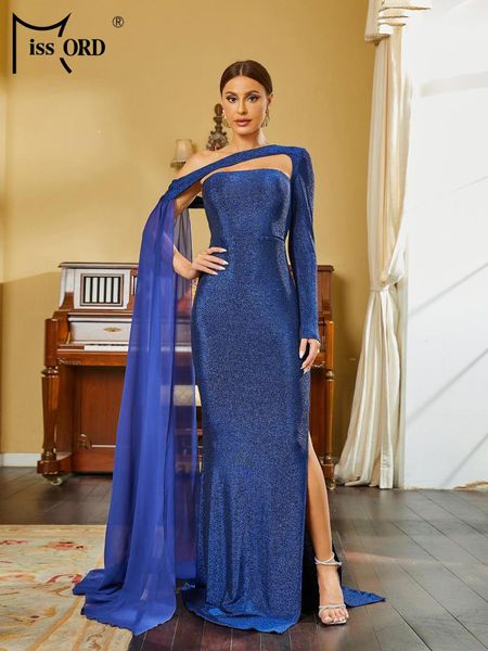 Abiti casual Missord 2023 Glitter Blue Prom Donna Elegante monospalla manica lunga rete drappeggiata sirena divisa da sera