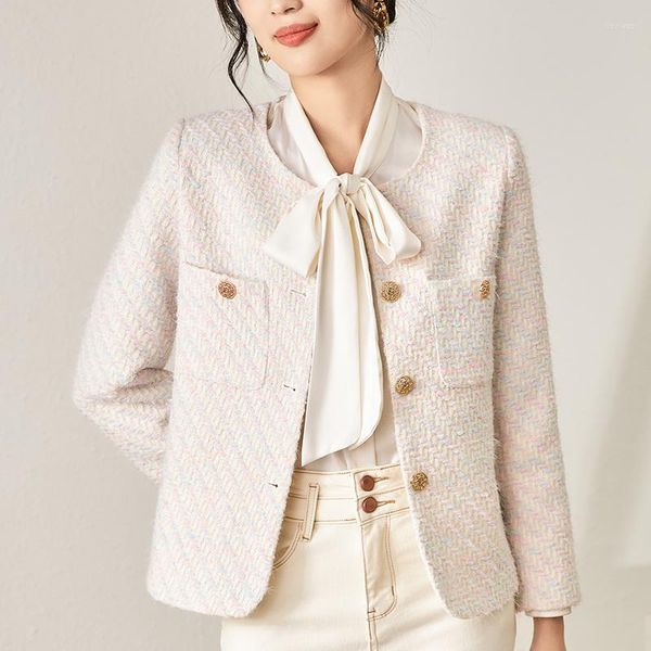 Jaquetas femininas outono elegante terno casacos para mulher 30% lã tweed o-pescoço manga longa jaqueta de lã senhora do escritório moda casaco