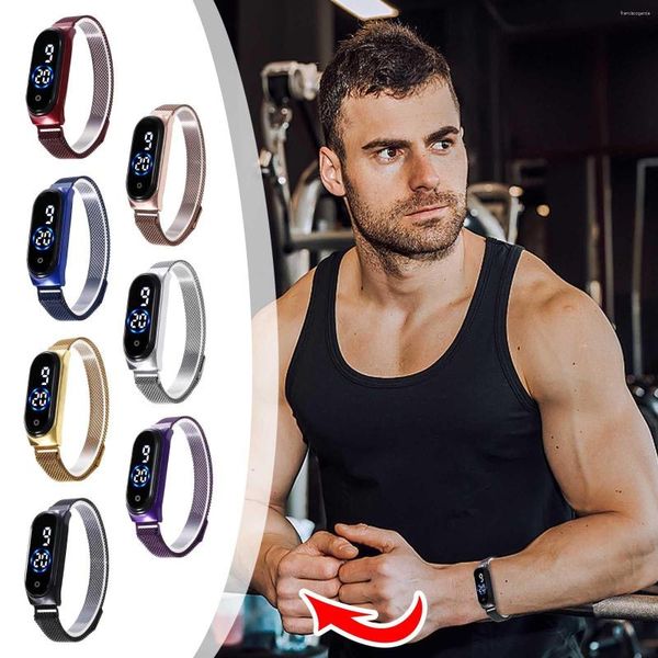 Orologi da polso Magnete con schermo a LED Cinturino con fibbia in maglia metallica Orologio digitale elettronico impermeabile moda casual Relogio Masculino