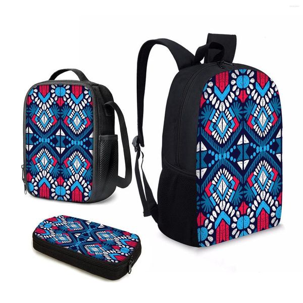 Schultaschen YIKELUO 3PCS Blue African Tribal Print Teen Notebook Rucksack Jungen Mädchen Frühlingsausflug Rucksack Abstrakte geometrische Lunchtasche