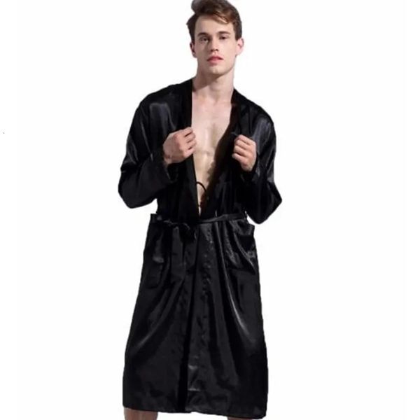 Robes masculinos preto solto casual rayon cetim robe vestido cor sólida quimono yukata roupão de banho pijamas pijamas s m l xl xxl 231011