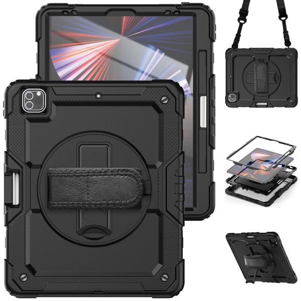 Para iPad Pro 12,9 polegadas Case 360 Rotation Kickstand Alça de mão Heavy Duty Híbrido Capa protetora para tablet infantil Capas seguras à prova de choque + tela PET Film + alças de ombro