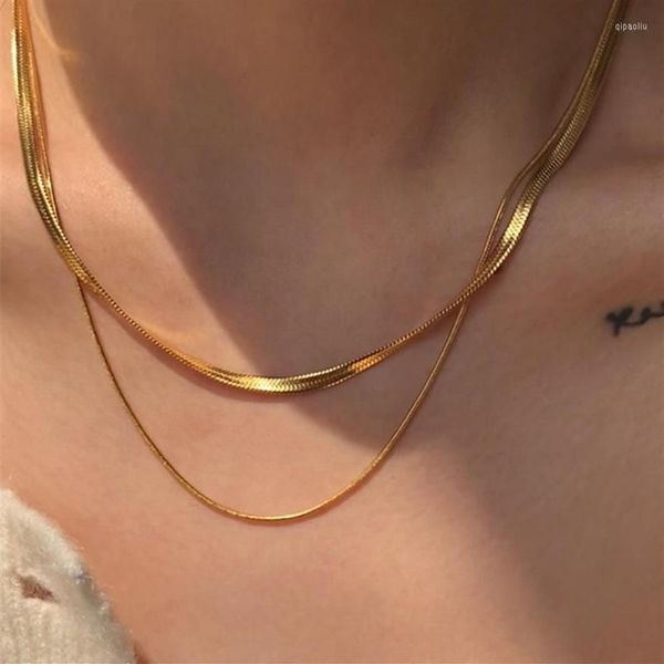 Ketten Doppelschichtige Schlangenkette Damen Halskette Kurz Edelstahl Herringbone Gold Schmuck Geschenk228S