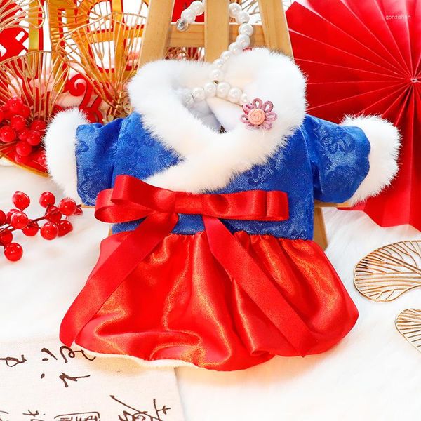 Dog Apparel Fur Collar Dress Clothes Bow Hanbok Clothing Cat Winter Warm Korean Fashion Costume Spring Festival Party Pet Products