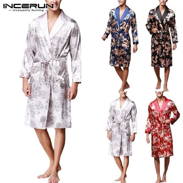 Elegante masculino robe mangas compridas roupão de seda quimono sorte dragão impressão pijamas noite roupão masculino homewear1199h