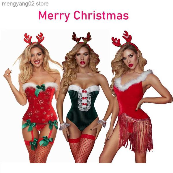 Thema Kostüm Sexy Frauen Cosplay Weihnachtskleid Rot Weihnachten Dessous mit Strumpf Elch Kopfschmuck Korsett Babydolls Bodysuit Set T231011