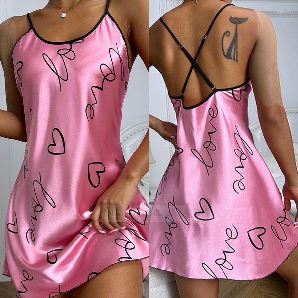 Damen-Nachtwäsche in Übergröße, Damen-Nachthemd, sexy Mini-Straps-Nachthemd, Chemise-Dessous, rosafarbener Druck, Buchstaben-Nachtwäsche, Satin-Hauskleidung