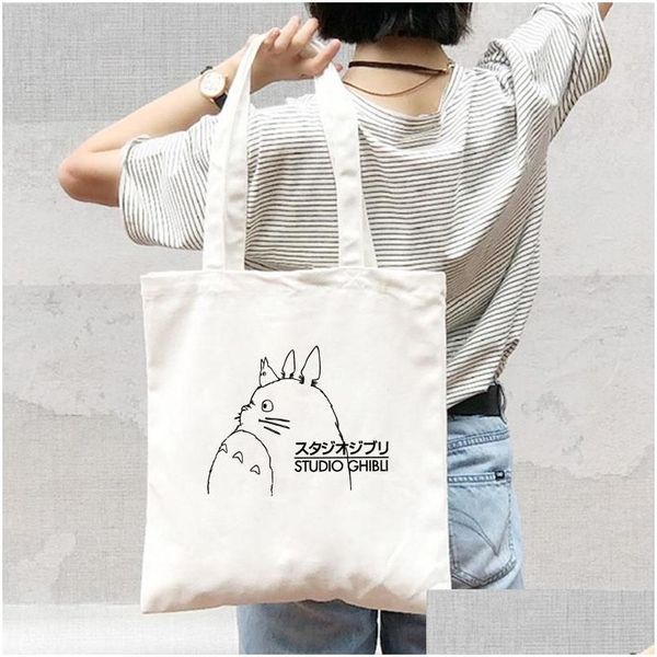 Aufbewahrungstaschen Japan Totoro Kawaii Cartoon Druck Leinwand Einkaufstasche Frauen Shoder Shop Shopper Hand Mädchen Mode Casual Pacakge Drop Deli Otpct