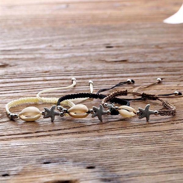 Bracciale intrecciato unisex - Braccialetti intrecciati a mano Cavigliera con conchiglie Stelle marine Grande surfista Gioielli in stile hawaiano Regolabile per Summ298c