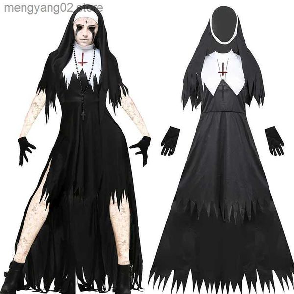 Tema traje halloween freira vem para mulheres 4-pcs mãe cosplay vestido assustador freira outfit padre vestir-se festa role play cosplay t231011