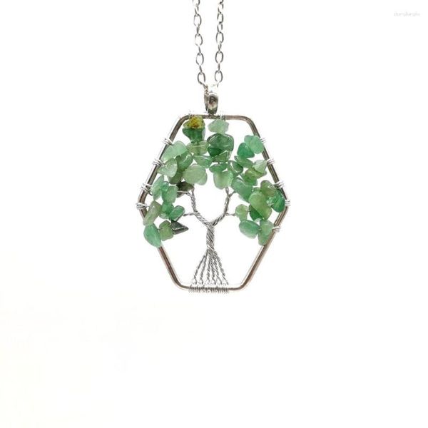 Anhänger-Halsketten FYJS Einzigartige versilberte Wire Wrap grüne Aventurin-Gliederkette Halskette Baum des Lebens Schmuck