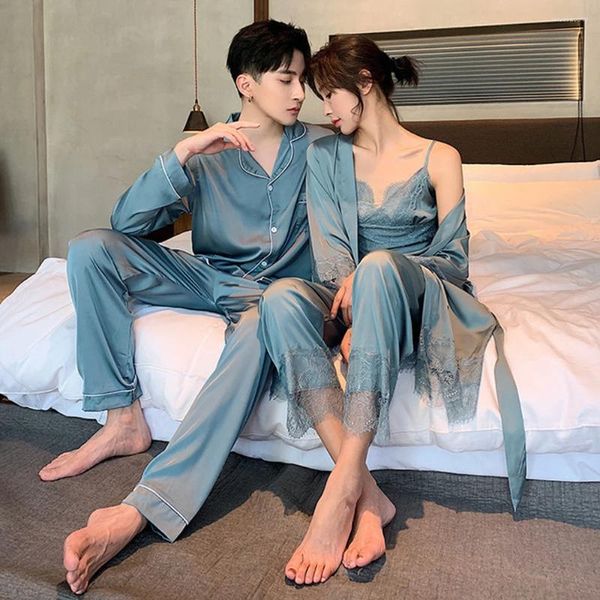 Ev Giyim Seksi 3 Pcs Robe Pijama Pantolon Setleri İpek saten pijama çift takım elbise 2023 kadın dantel pijama gecesi erkekler salon giyim