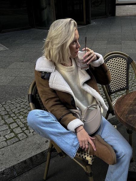 Damenjacken Winter Kurzer Schaffellmantel Frauen Revers Reißverschluss Langarm Faux Lammleder Pelz für Mode Streetwear Oberbekleidung