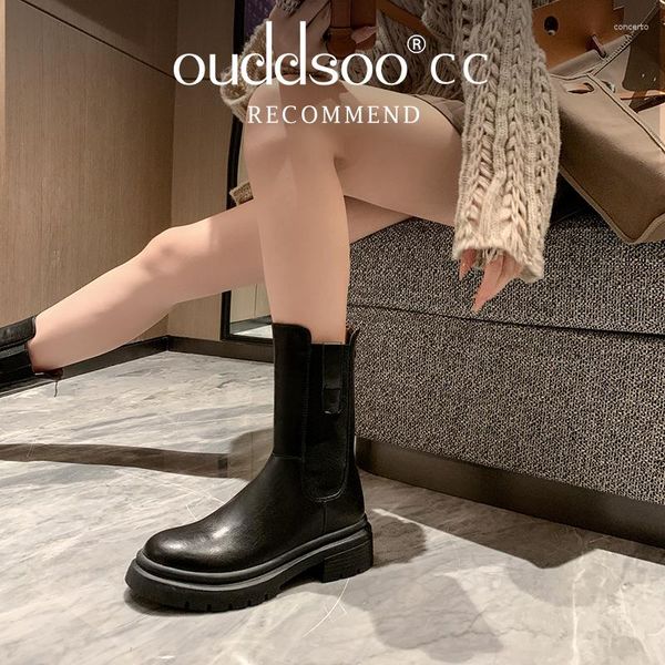 Stiefel ODS 2023 Frauen Knöchel Winter Warme Wolle Echtes Leder Dicke Heels Seite Zipper Schuhe Frau Pelz Büro Damen Schnee