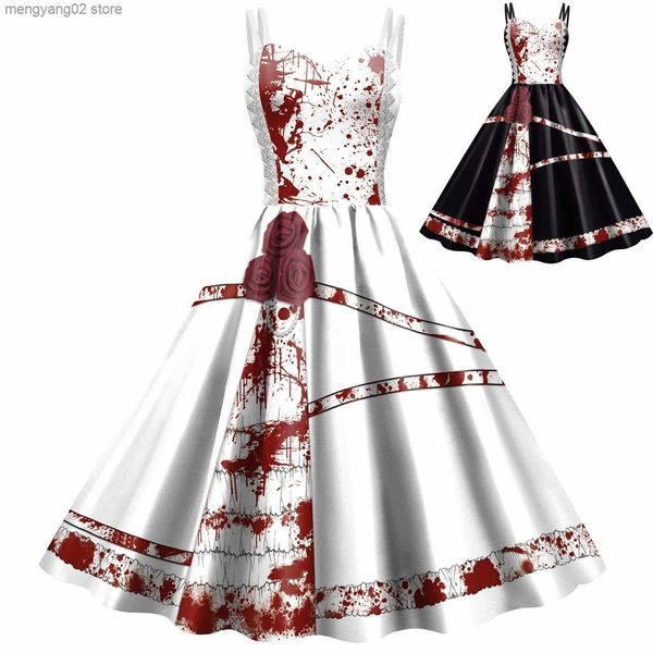 Tema Traje Halloween Horrível Sangue Rosa Princesa Cosplay Vem Meninas Mulheres Vestido Impressão Meia Masquerade Carnaval Party Outfits T231011