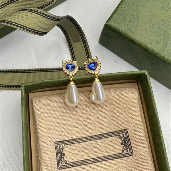 Brincos de diamante rubi brilhante charme feminino pérola pingente eardrop selo em relevo safira studs com presente box271h