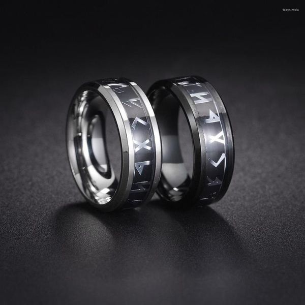 Cluster Anéis Vintage Aço Inoxidável Odin Norse Vikings Amuleto Rune Inlay Preto Fibra de Carbono Casamento Para Homens Retro Jóias