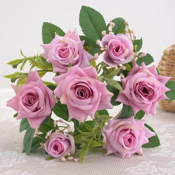 Flores decorativas realista buquê de rosas artificiais 7 cabeças fidelidade de longa duração decoração de casamento suprimentos de mesa central